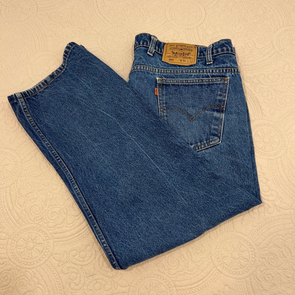 Vintage Levis 505 Orange‎ Tab Jeans Mens 44x32 Made in USA Blue Medium Wash 90s
